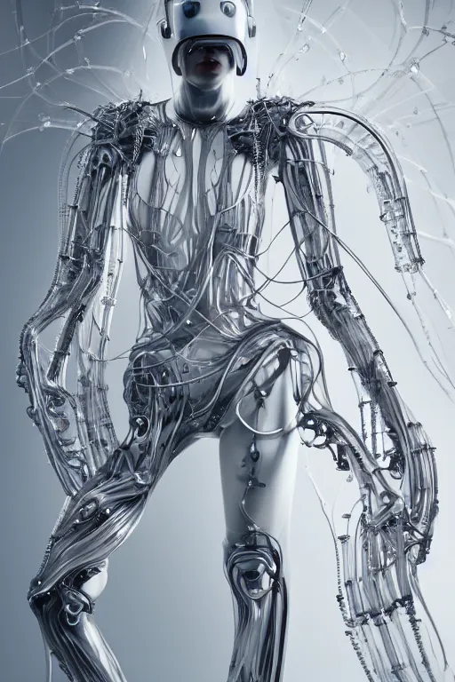 Image similar to iris van herpen, perfect symmetrical body, helmet on face, full body shot, inflateble shapes, wires, tubes, veins, jellyfish, white biomechanical details, wearing epic bionic cyborg implants, masterpiece, intricate, biopunk, vogue, highly detailed, artstation, concept art, cyberpunk, octane render