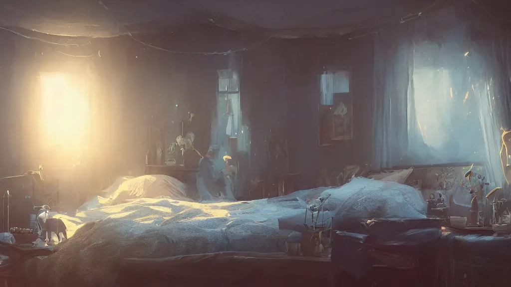 Image similar to a photorealistic hyperrealistic render of an interior of a beautifully decorated cozy bedroom by pixar, greg rutkowski, wlop, artgerm, dramatic moody sunset lighting, long shadows, volumetric, cinematic atmosphere, octane render, artstation, 8 k