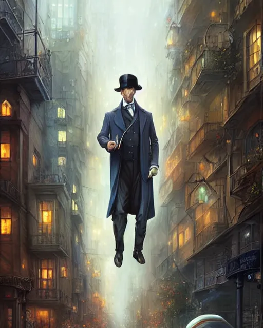 Prompt: portrait of sherlock holmes on a futuristic city street, soft colours, digital painting, detailed, realistic, digital art, by alayna lemmer, by tom bagshaw