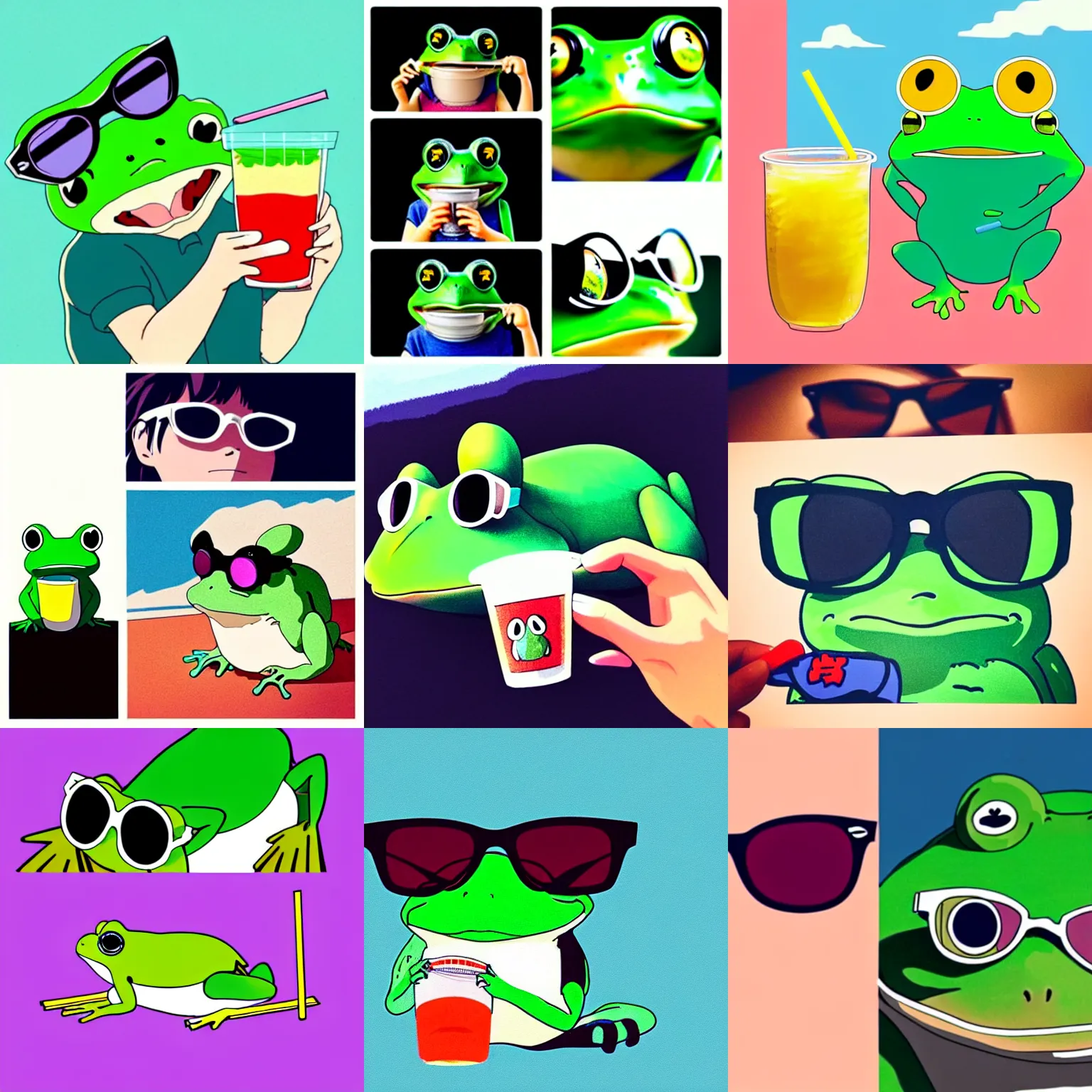 Prompt: studio ghibli frog drinking a hi - c juice box and wearing ray - ban wayfarers, drinking out of straw, trending on instagram