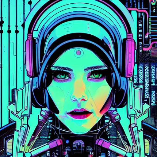 Image similar to a portrait of a beautiful cybernetic woman connected to a synthesizer from hell, wires, cyberpunk concept art by josan gonzales and dan mumford