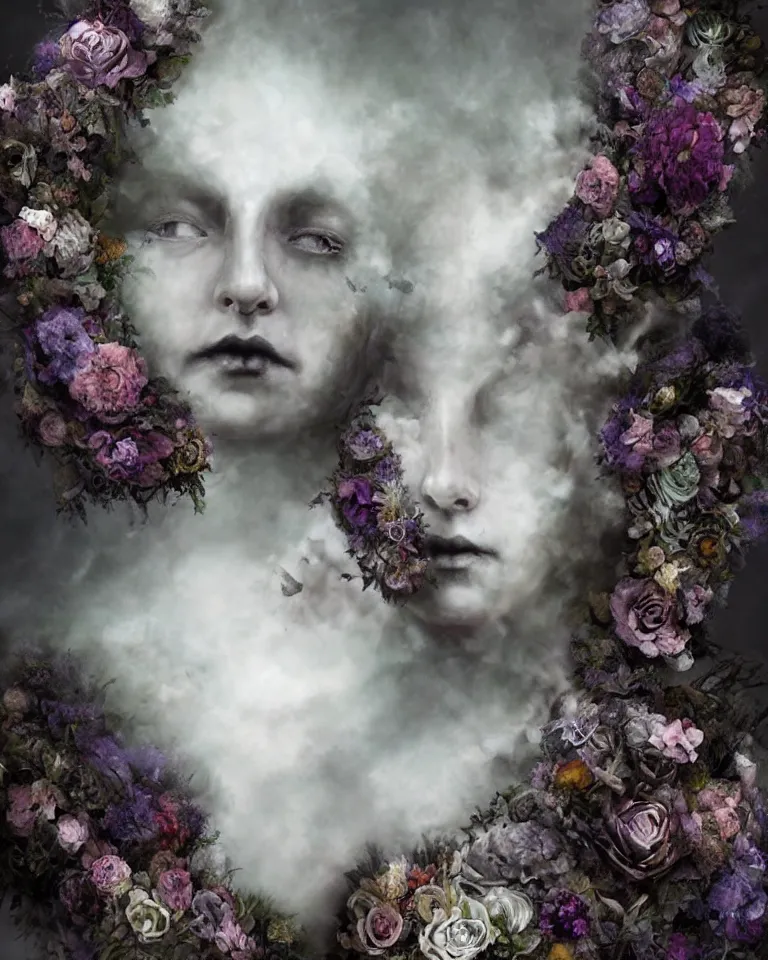 Image similar to portrait of gothic cemetery statue breaking apart, made of mist, made of flowers, Andrew Ferez, Charlie Bowater, Marco Mazzoni, Seb McKinnon, Ryohei Hase, Alberto Seveso, Kim Keever, trending on cgsociety, featured on zbrush central, new sculpture, mystical