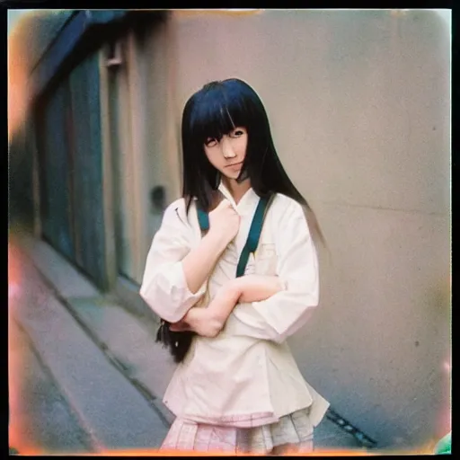 Image similar to a perfect 8K HD professional photo of close-up japanese schoolgirl posing in sci-fi dystopian alleyway, at instagram, Behance, Adobe Lightroom, taken with polaroid kodak portra