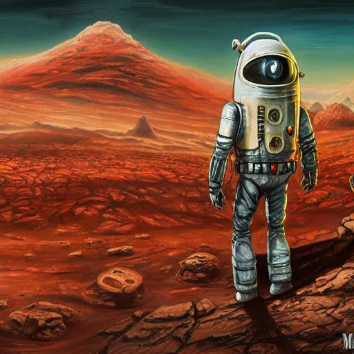 Image similar to android walking on mars, alien village in background, mike mignogna, highly detailed, oil painting, comic book cover, dark, rich colors, vintage sci fi, 1 9 8 0 s, 1 9 7 0 s, retrofuture, trending on artstation