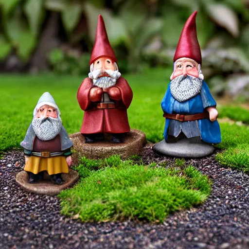 Image similar to garden gnome set of the fellowship of the ring, tilt shift, award winning, highly textured