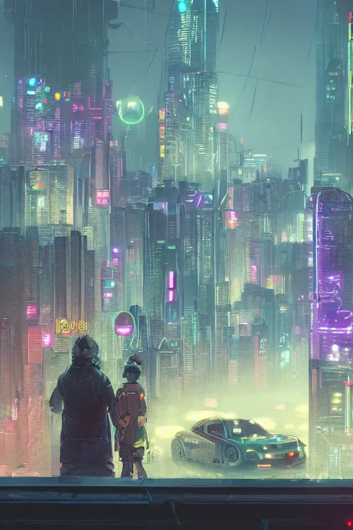 Prompt: a cyberpunk City with billboards, Hologramm and signs in a misty night, Skyline view from a rooftop, rooftop romantic, flying scifi vehicle, the fifth Element, tekkon kinkreet, akira, volumetric lights, rendered by simon stålenhag, rendered by Beeple, Makoto Shinkai, syd meade, environment concept, digital art, starwars, raphael lacoste, eddie mendoza, alex ross, concept art, cinematic lighting, , unreal engine, 3 point perspective, WLOP, trending on artstation, low level, 4K UHD image, octane render,