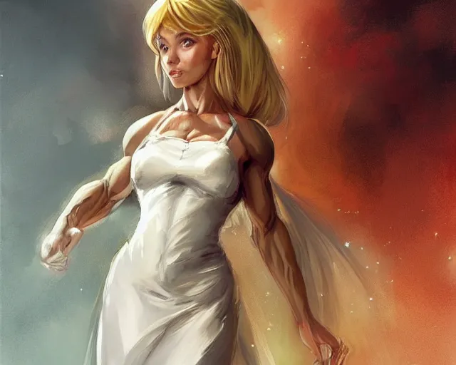 Image similar to portrait of samus aran as a very attractive happy female bodybuilder wearing wedding dress, elegant, fantasy, hd shot, digital portrait, beautiful, artstation, comic style, by artgerm, guy denning, jakub rozalski, magali villeneuve and charlie bowater