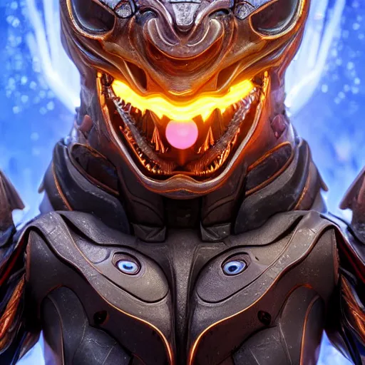 Image similar to a highly detailed close-up bust, of a beautiful cute anthropomorphic robot female dragon, with smooth and streamlined mechanical armor, standing and posing elegantly in front of the camera, well detailed head with two LED eyes, sharp teeth, two arms, digital art, artstation, DeviantArt, professional, octane render, sunset lighting