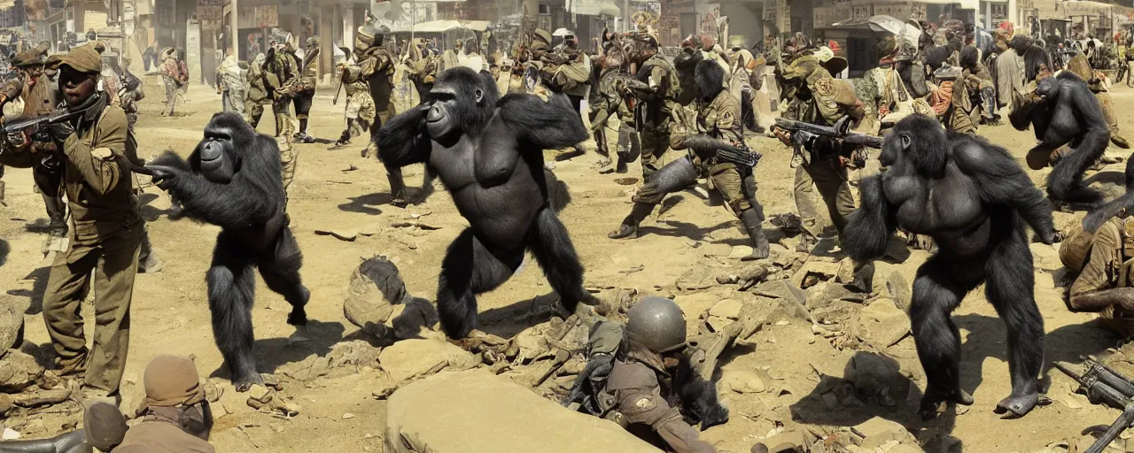 Image similar to militant gorilla soldiers are plundering a small town, beautiful render, war time, colorful,