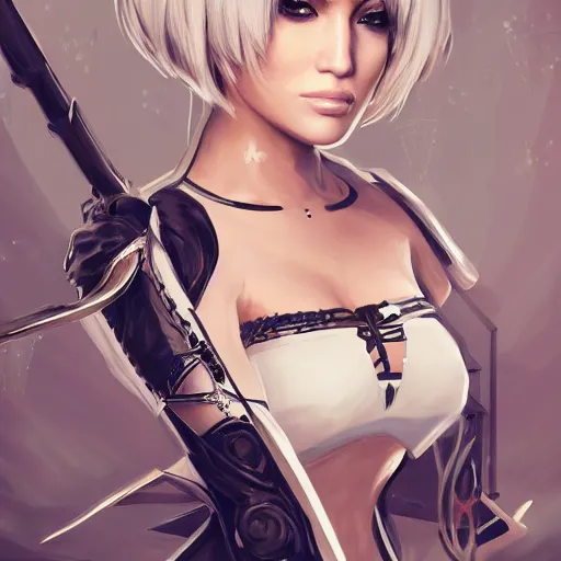 Image similar to jennifer lopez as 2B nier automata, cute, intricate, elegant, highly detailed, digital painting, 4k, HDR, concept art, smooth, sharp focus, illustration,