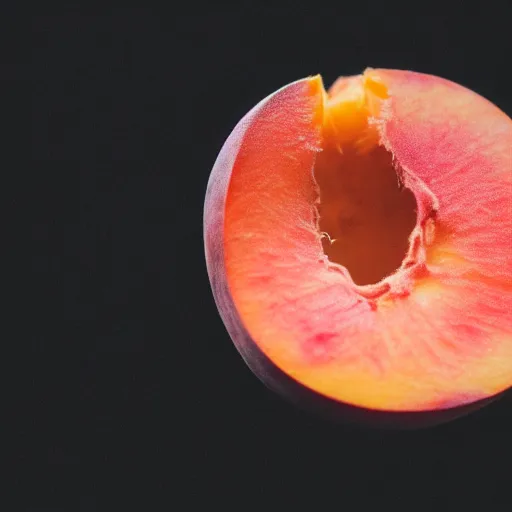 Image similar to a macro photo of a round peach's dry hairy skin, hyper realistic, hyper detailed, 35mm, very grainy film, pink volumetric studio lighting, bokeh, black background award winning shot, vogue magazine, cinematic, 8k, very closeup, elegant, tender, pastel