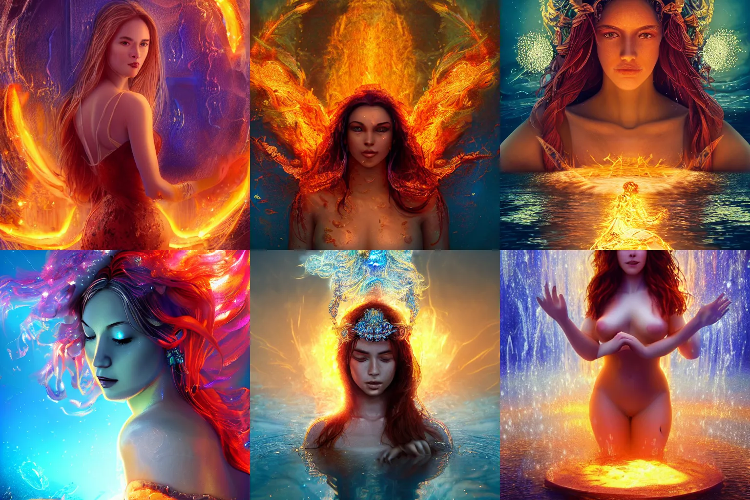 Prompt: a beautiful female human god of fire character, character is in all its glory, character is centered on the image, character is drowning in the water, rim lights, highly detailed professional photo, dynamic lights, particles and crystals are flying, very deep depth of field, trending on artstation, illustration, hyper realistic, vray caustics, super detailed, colorful accents, cinematic shot