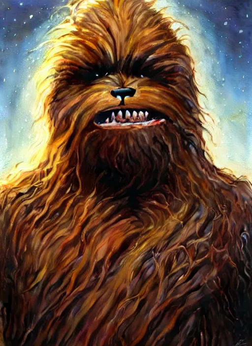 Image similar to hyper realistic, zoomed out portrait of a mega derpy big chungus as chewbacca in star wars, stoned, by greg rutkowski, scott m fischer, artgerm, loish, slight glow, atmospheric, anne stokes, alexandros pyromallis