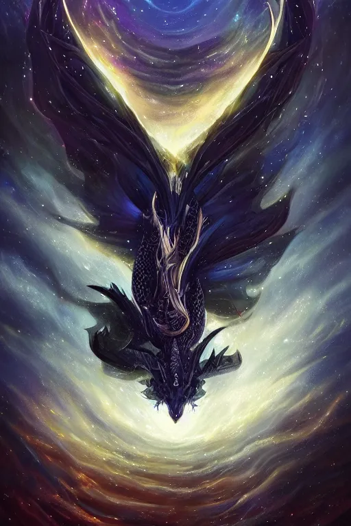 Image similar to a fantasy black dragon constellation with straight lines of light and petals flying, a halo around its head, bright blue eyes and intricate golden horns, in a galaxy of white clouds and constellations, by Anato Finnstark and Seb Mckinnon, fantasy art, trending on Artstation