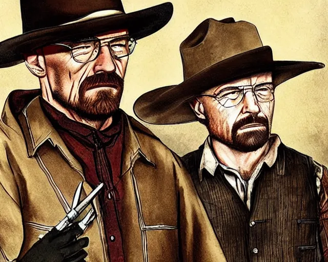 Prompt: Walter White having an old west draw with Jesse Pinkman in the style of The Good, The Bad, and the Ugly