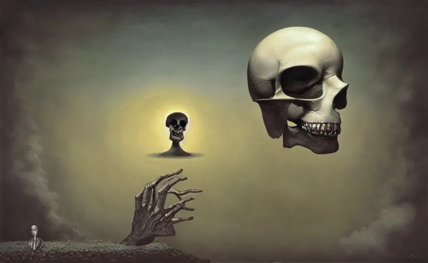 Image similar to a surrealistic painting of the slate theory origin and a human skull, in the style of rene magritte and zdzislaw beksinski and mark ryden, digital art, detailed masterpiece