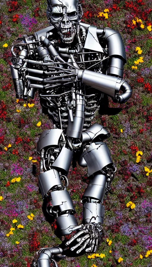 Image similar to destroyed terminator lying in a field of flowers, twisted metal, chrome, reflections, earth, terrible, anthropomorphic, photorealism, smoke, metal, 8 k, surreal, wires, smooth, sharp focus, top view, extremely detailed, ultra - realism, elegant, establishing shot, epic, by jeff koons, artgerm and greg rutkowski