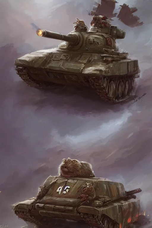 Image similar to cute little anthropomorphic Guinea Pig Infantry advancing next to a tank, tiny, small, short, American tanker outfit, cute and adorable, pretty, beautiful, DnD character art portrait, matte fantasy painting, DeviantArt Artstation, by Jason Felix by Steve Argyle by Tyler Jacobson by Peter Mohrbacher, cinematic lighting