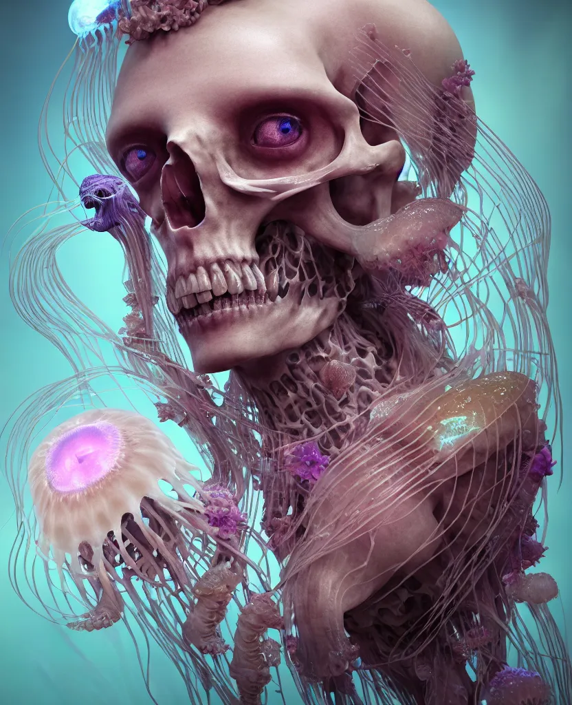 Image similar to goddess close - up portrait human skeleton, ram skull, jellyfish, orchid, betta fish, bioluminiscent, intricate artwork by tooth wu and wlop and beeple. octane render, trending on artstation, greg rutkowski very coherent symmetrical artwork. cinematic, hyper realism, high detail, octane render, 8 k