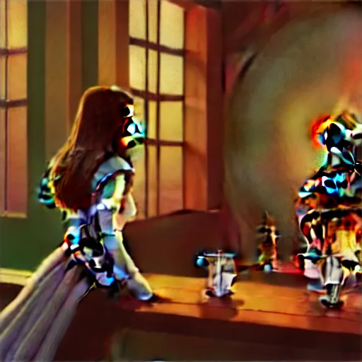 Prompt: panorama kate beckinsale weared in full plate armor, sit in fantasy tavern near fireplace, behind bar deck with bear mugs, medieval dnd, colorfull digital fantasy art by Ilya Kuvshinov, 4k