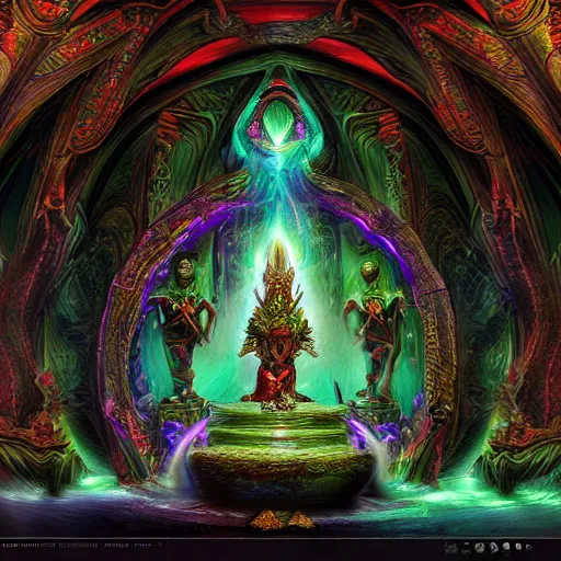 Image similar to Photorealistic magic elven shrine of the demon goddess. Hyperdetailed photorealism, 108 megapixels, amazing depth, glowing rich colors, powerful imagery, psychedelic Overtones, 3D finalrender, 3d shading, cinematic lighting, artstation concept art