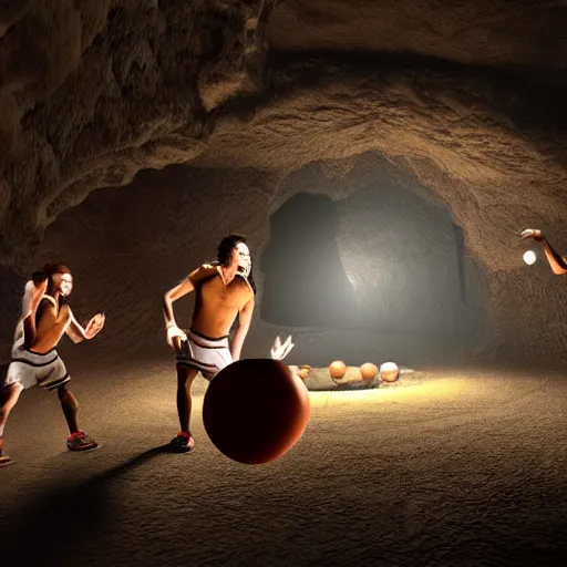 Image similar to high resolution unreal engine render of cavemen playing basketball inside cave at night, cave lit by torch light, stalagmites