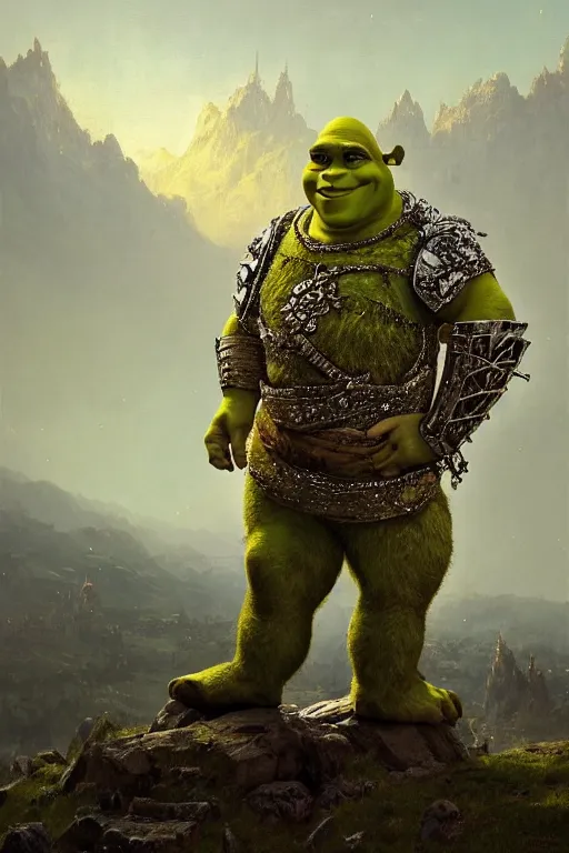 Prompt: full length portrait of shrek wearing ornate silver armour with gold accents covered in jewels, epic landscape with mountains and castle in background, dark and moody by carl spitzweg, ismail inceoglu, vdragan bibin, hans thoma, greg rutkowski, alexandros pyromallis, perfect face, fine details, realistic shaded