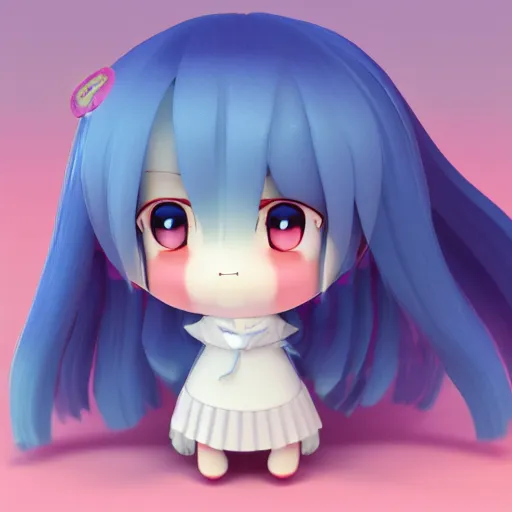 Image similar to cute fumo plush of a girl with a big heart, very long hair, stylized pbr, subsurface scattering, outline glow, blob anime, bokeh, vray