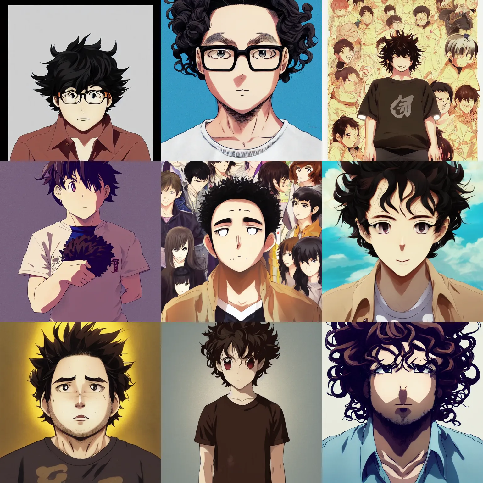 Prompt: An anime portrait of a mid-sized anime man with very short curly brown hair, chubby face, brown eyes, wearing a t-shirt, his whole head fits in the frame, solid background, by Stanley Artgerm Lau, WLOP, Rossdraws, James Jean, Andrei Riabovitchev, Marc Simonetti, and Sakimi chan, trending on artstation