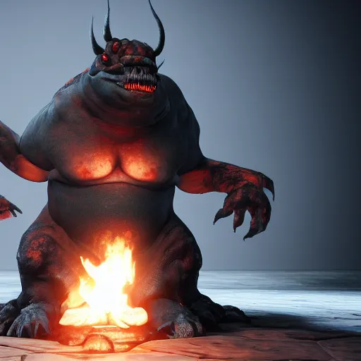 Image similar to fat ripped satanic creature, highly realistic, unreal engine, raytracing, masterpiece