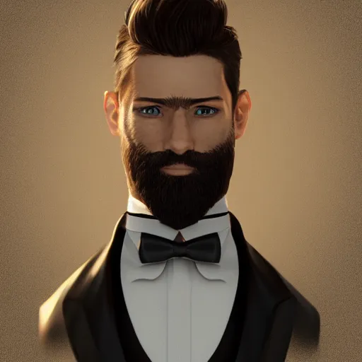 Image similar to a highly detailed portrait of a man, with a brown short beard and hair, blue eyes, wearing a tuxedo, artstation, deviantart, professional, unreal engine 5, photorealistic