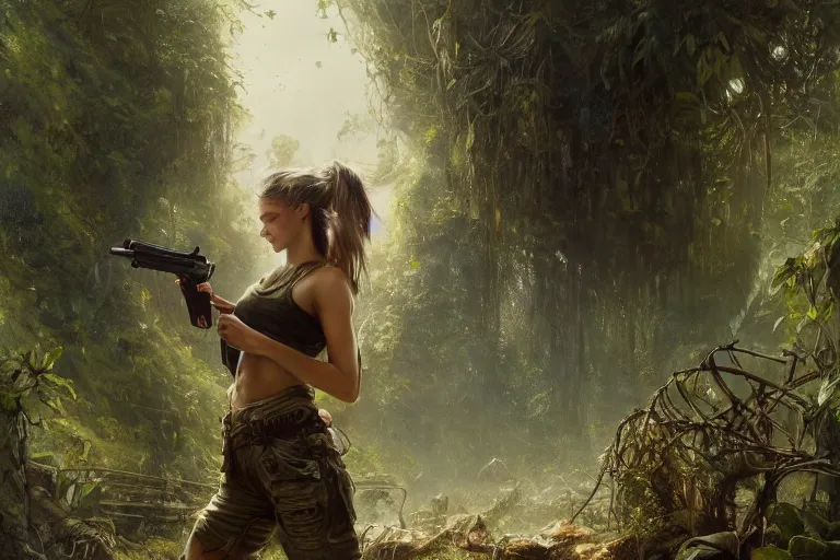 Prompt: artstation concept of a beautiful adventurous girl holding a machine pistol, sweaty skin, symmetrical face, high body detail, ripped up field fatigues, torn off shirt, jungle background with ruins, vines, hyperdetailed, artstation trending, world renowned artists, worth1000.com, cgsociety, by greg rutkowski, by Gustave Doré, by Marco Turini, by Artgerm, Deviantart in the style of Tom Bagshaw, Cedric Peyravernay, Peter Mohrbacher