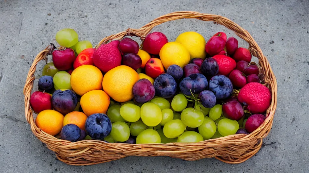 Prompt: a basket of fruites aperture f / 1. 8