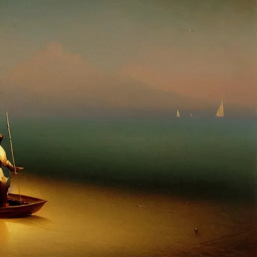 Image similar to detailed painting of a man fishing on a small boat in the ocean by Ivan Aivazovsky, 4k details