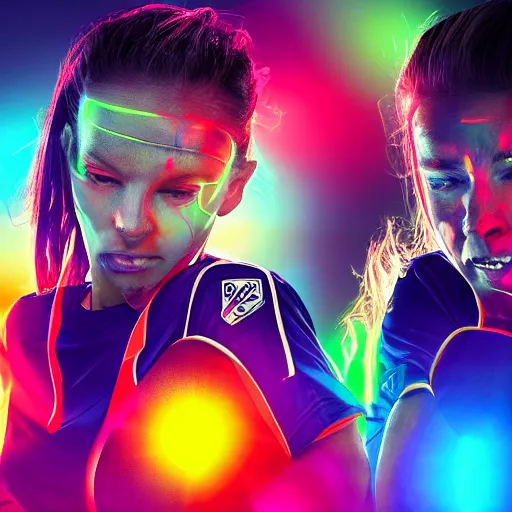 Image similar to soccer, futuristic, high def, realistic people, neon colours, high saturation,