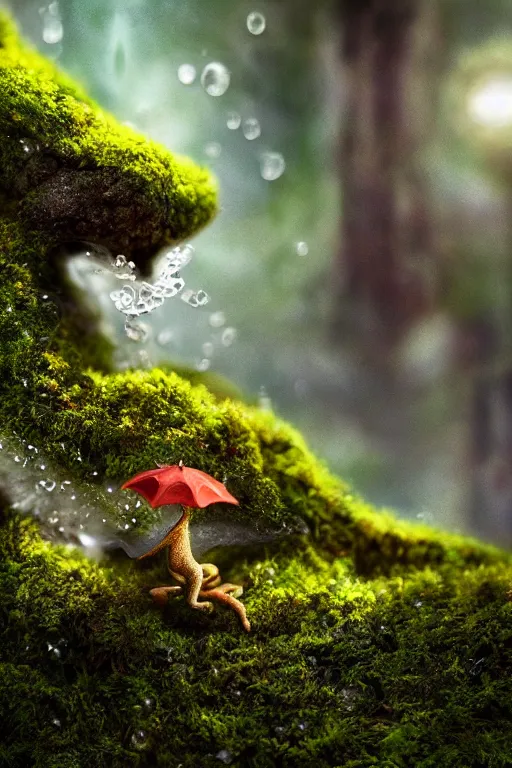 Image similar to a tiny dragon made of moss, dewdrops, macro, dramatic lighting, cinematic, establishing shot, extremely high detail, foto realistic, cinematic lighting, post processed, concept art, high details, cinematic, 8k resolution, beautiful detailed, photorealistic, digital painting, artstation, concept art, smooth, sharp focus, artstation trending, octane render, unreal engine