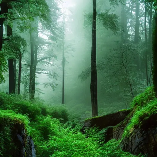 Prompt: emerald urban canyon evergreen forest in fog