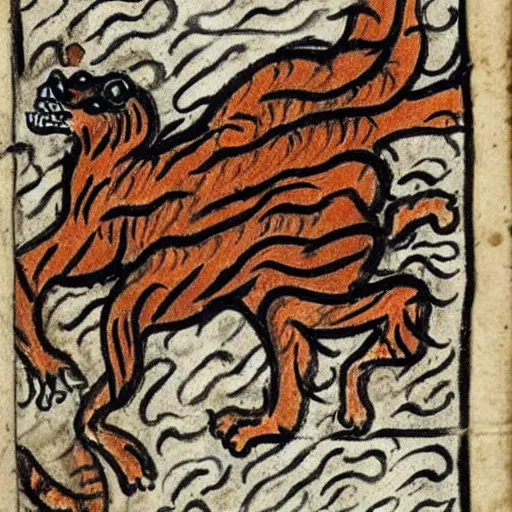 Image similar to bad drawn tiger of fire with many legs flying in a medieval manuscript, medieval manuscript, golden miniatures