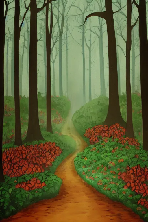 Image similar to over the garden wall background painting. the woods