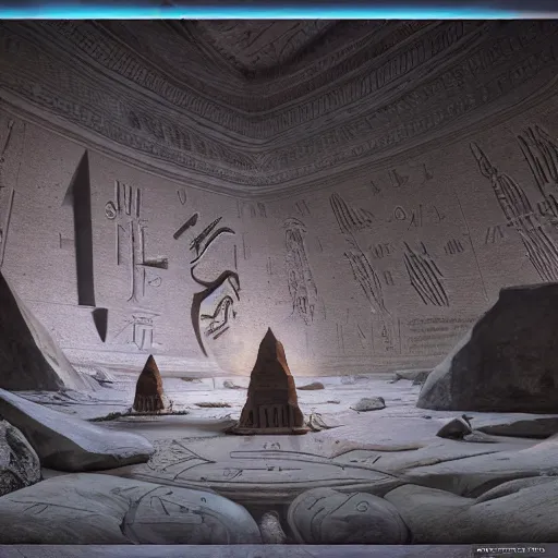 Image similar to well designed alien rosetta stone, alien hieroglyphics, 3 d concept render by gustave dore and rhads, well researched, linguistically accurate, global illumination, vray, cgsociety