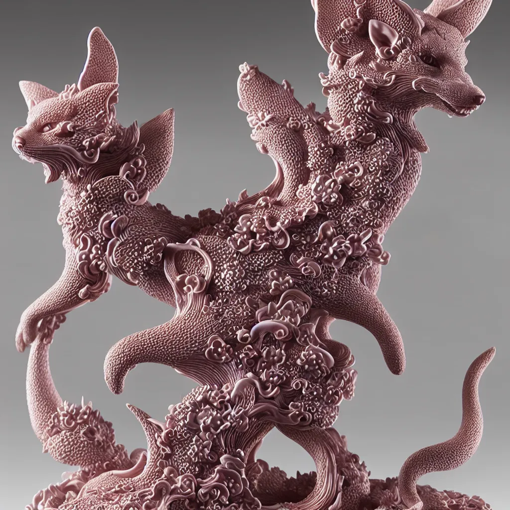 Prompt: A Close up photo-real delicate ceramic porcelain sculpture of an ornate detailed kitsune in front of a intricate background by Victo Ngai and takato yamamoto, micro detail, backlit lighting, subsurface scattering, translucent, thin porcelain, octane renderer, Pink and Black, physically based rendering, japanese pottery, trending on cgsociety