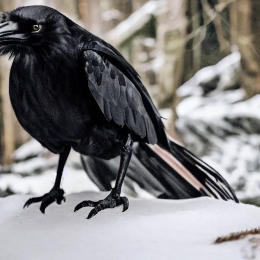 Image similar to werecreature consisting of a crow and a human, werecrow, photograph captured in a dark forest