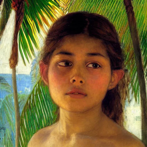 Image similar to a ultradetailed beautiful painting of a girl on amazonas by jules bastien - lepage, hans belmer, frank weston and gustave baumann, trending on artstation, mediterranean, palm trees, light sparkles, sharp focus, soft light