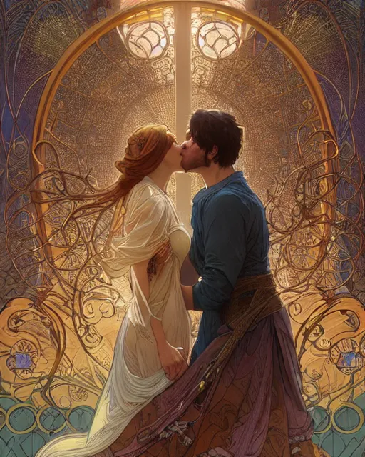 Image similar to the kiss | highly detailed | high coherence!! | very intricate | art nouveau | gold filigree | romantic storybook fantasy | soft cinematic lighting | award - winning | painted by mandy jurgens and alphonse mucha and alena aenami | pastel color palette | featured on artstation