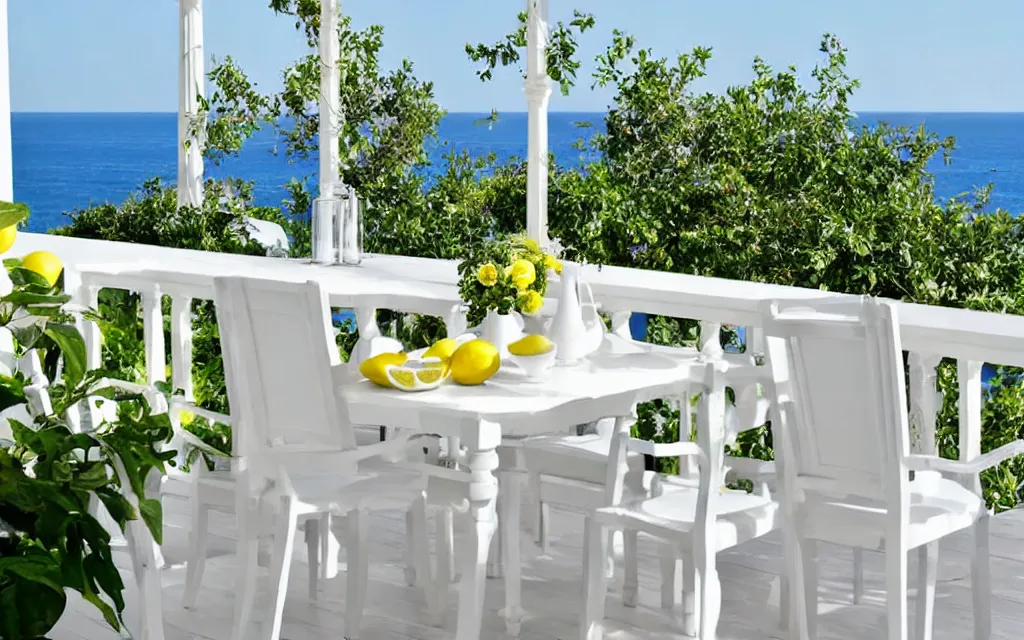 Prompt: a white terrace with imperial railing, white table and chairs, a lemon tree and photo realistic sea view