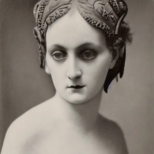 Image similar to photograph of a lilith wearing 1 8 9 0's fashion, looking at the camera, aesthetic, elaborate, intricate, highly detailed, detailed face, photorealism, smooth, sharp focus, rim light, art by man ray,