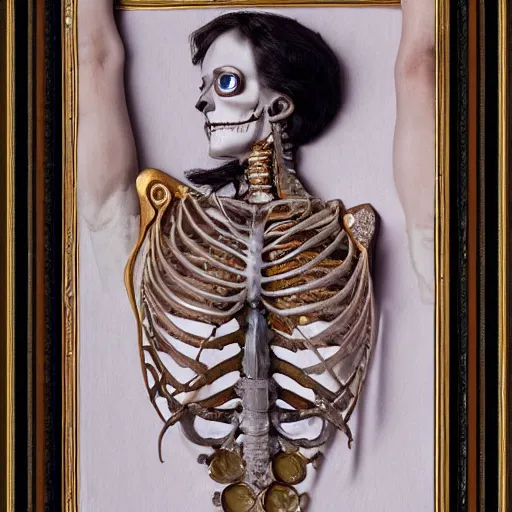 Prompt: half female laid down with visible gems inlaid in skin with anatomic description with gothical frame, classical style, skeleton, gems, cameo, gold, 8k, details, studio lighting, realism, complex lights