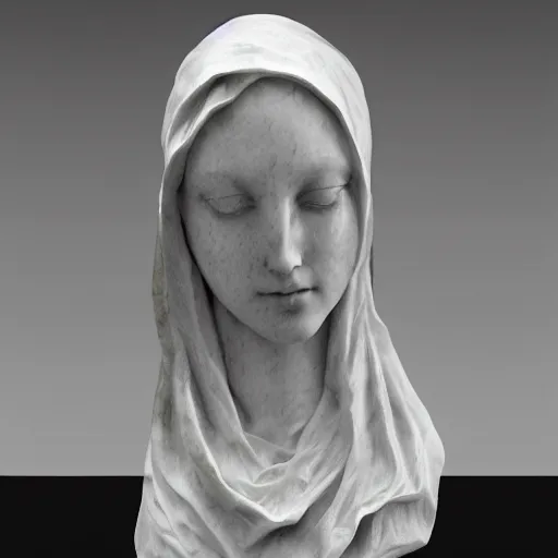 Image similar to a marble sculpture of the veiled virgin, cracked subsurface scattering, !face, !female, covered in intricate !detailed !!sheer veil , physically based rendering, photo realistic, top light , dark background