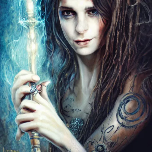 Prompt: oil art of Hermione in tattoos conjuring with a magic wand, by luis royo art, dressed beautiful gown, beautiful eyes, Beautiful face, by Aggi Erguna, high detail, high resolution, art from harry potter, by David Lazar and Annie Leibovitz 500px photos, top cinematic lighting , cinematic mood, very detailed