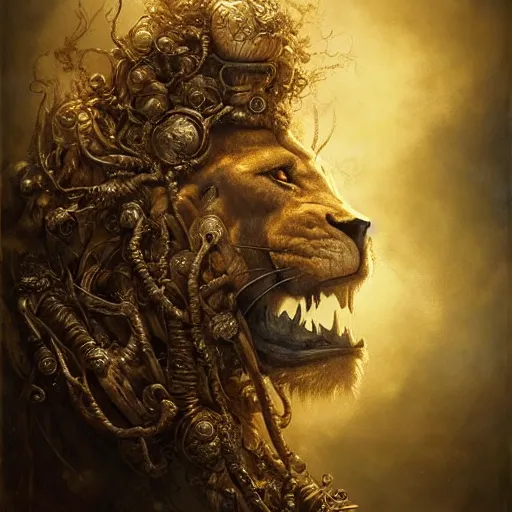 Image similar to a beautiful detailed 3 d matte portrait of a smoke lion, by ellen jewett, by tomasz alen kopera, by justin gerard, ominous, magical realism, texture, intricate, skull, skeleton, gold coins, money, whirling smoke, alchemist bottles, radiant colors, fantasy, volumetric lighting, high details